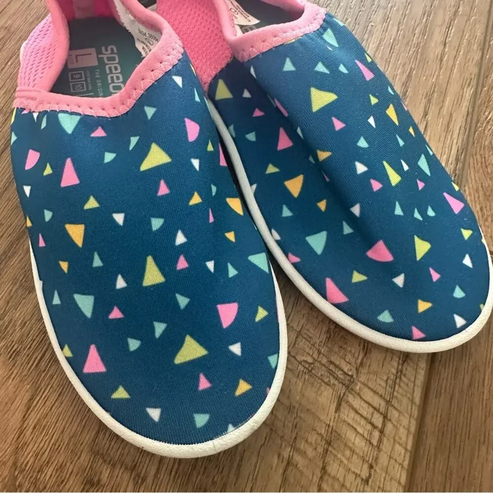 Speedo Girl’s Water Shoes, Splash & Sun Bootie, Blue/Pink, Non-Slip, L (9/10)